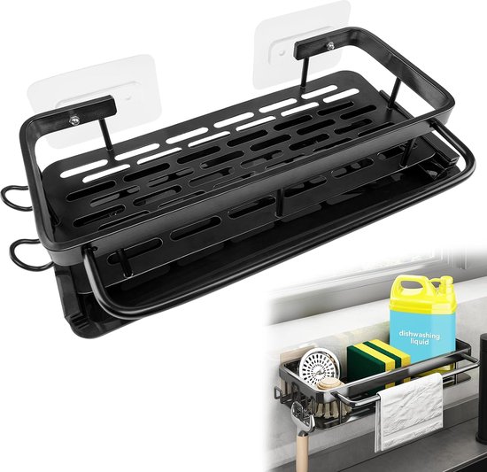 Foto: Aluminium spoelbak organizer hangend zonder boren afwasmiddel organizer gootsteenorganizer voor keuken en badkamer met afvoerpan handdoekhouder en haak