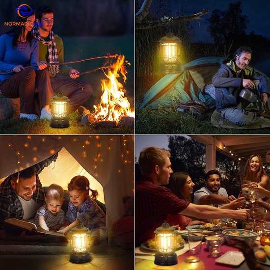 Collage : camping au feu de camp, lampe de tente près de la tente, famille lisant dans la tente, dîner en plein air.