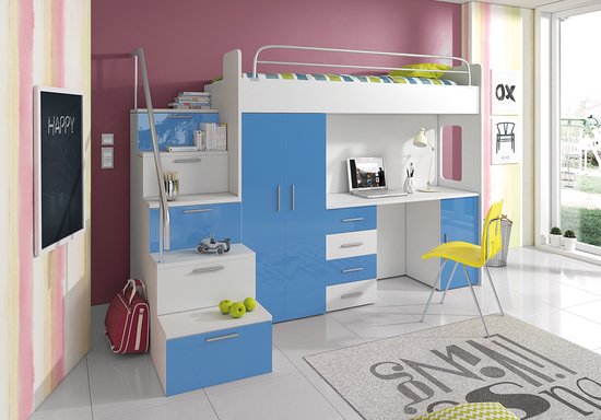 Ensemble jeunesse Raj 4S - blanc/bleu brillant - bureau - armoire - Lit superposé - lit 80 x 200 cm -Maxi Maja