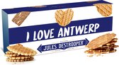 Jules Destrooper Natuurboterwafels & Parijse Wafels met opschrift "I love Antwerp / j’aime Anvers" - Belgische koekjes - 100g x 2