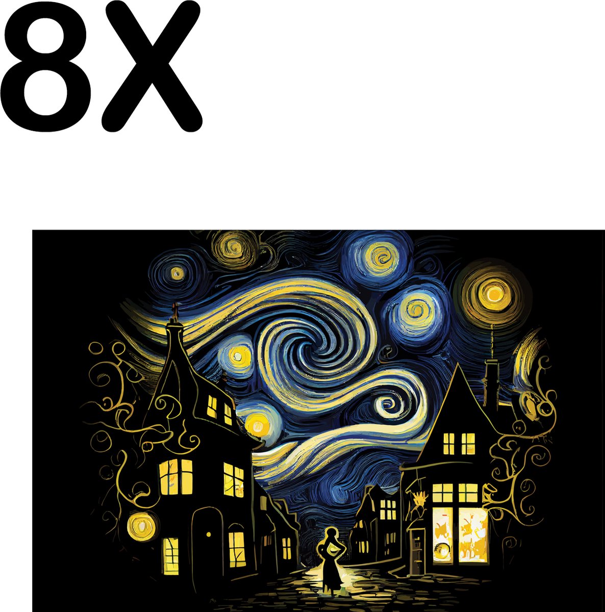 BWK Textiele Placemat - Abstracte Stad in de Nacht - Set van 8 Placemats - 45x30 cm - Polyester Stof - Afneembaar