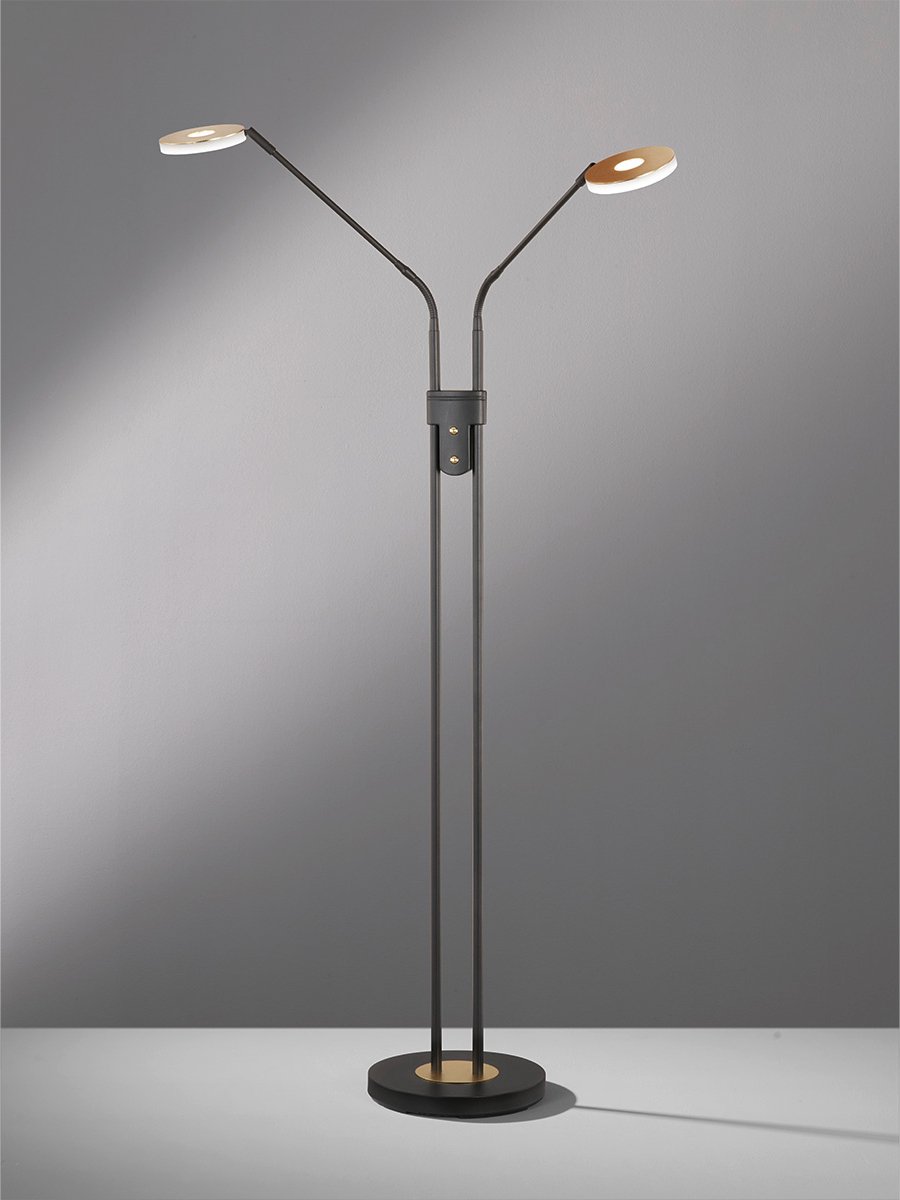 Fischer & Honsel - Vloerlamp Dent - 2x LED 7,5 W (incl). - Zwart Zandgrond Metaal met Bladgouden Accenten