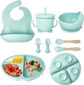 Set de table en Siliconen Vaisselle pour enfants 8 pièces – Services de table antidérapante durable et sûre pour manger indépendamment – ​​Comprend assiette, Kom, tasse, Couverts et bavoir