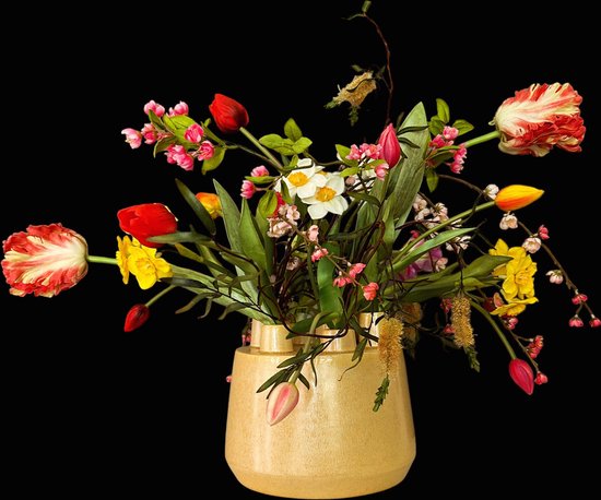 Seta Fiori - Zijden kunst bloemstuk - Oker gele tulpen vaas - compleet opgemaakt - 50cm -