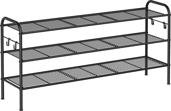 Schoenenrek, schoenenrek met 3 niveaus, metalen plank met 4 zijhaken, biedt plaats aan 18 paar schoenen, in hoogte verstelbare plank, voor entree, hal, kledingkast, eenvoudige montage, inktzwart