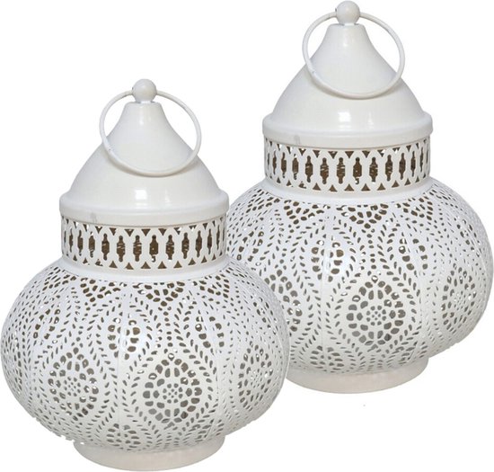 Tuin deco lantaarn - 2x - Marokkaanse sfeer stijl - wit/goud - D15 x H19 cm - metaal - buitenverlichting - buitenverlichting