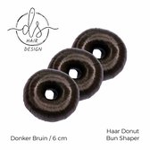 DS Hair Design - Haar Donut / Bun Shaper met imitatie haar - doorsnede 6 / 6,5 cm - donker bruin - 3 stuks - kinderen jeugd volwassenen - unisex - casual sport feest gala bruiloft