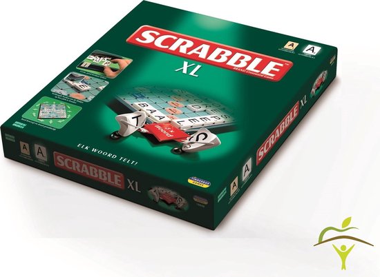Scrabble XL speldoos in groen, met rode en witte letters en spelbordafbeelding.