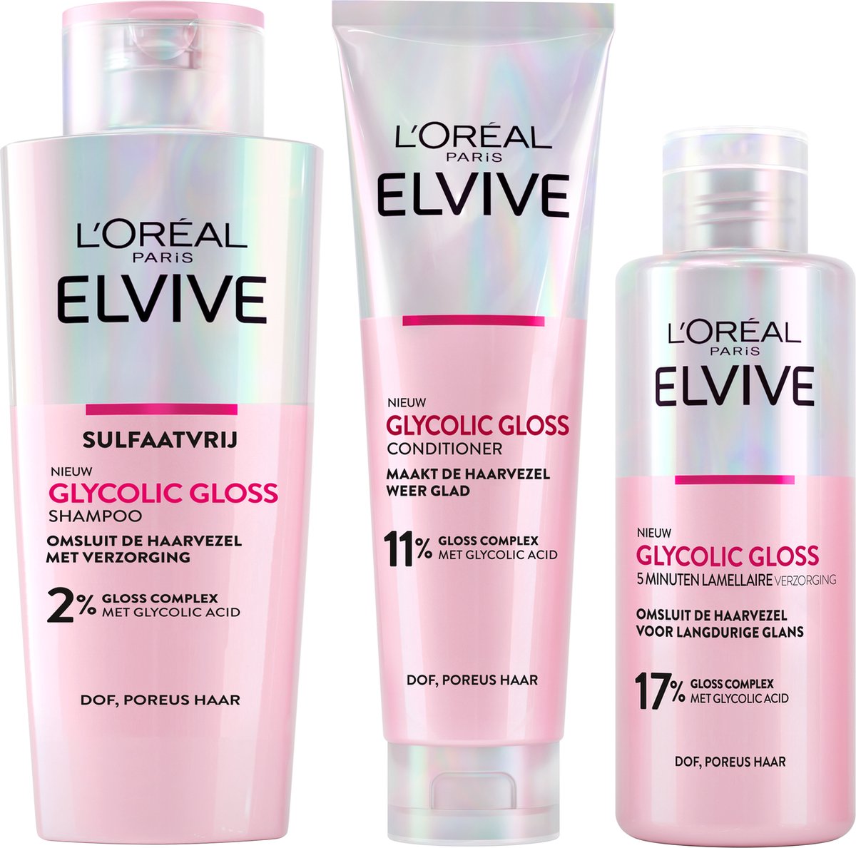 L'Oréal Paris Elvive Glycolic Gloss Shampoo Conditioner & 5 min Lamellaire Verzorging Bundel - voor dof poreus haar - met glycolic acid voor glanzend haar - 200ml 150ml & 200ml