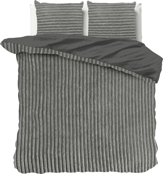 Knuffelzachte teddystof dekbedovertrek Stripes grijs - 140x200/220 (eenpersoons) - heerlijk slapen - cosy look - luxe kwaliteit - met handige drukknopen