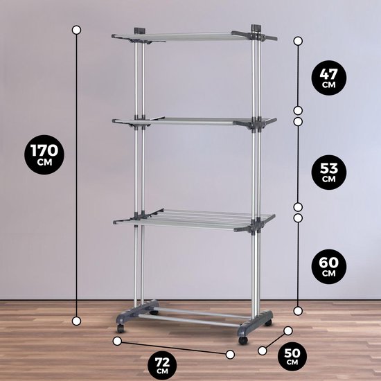 Vonia Droogtoren - Droogrek - Wasrek - Wastoren - 3 Lagen - Inklapbaar - 72x50x172 cm - Grijs