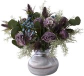 WinQ - Bouquet de fleurs artificielles noué - Y compris vase en verre - Diverse fleurs entièrement liées avec des feuilles - beaux lilas et violets - Fleurs Fleurs artificielles - fleurs en soie