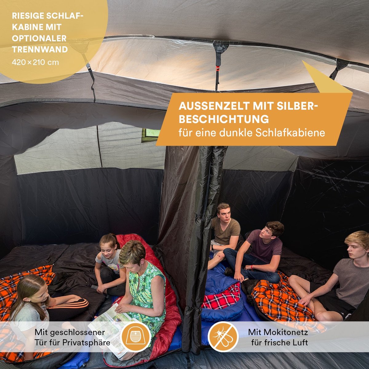 Skandika Nordland 6 Tent – Tenten – Tunneltent - Campingtent – Ingenaaide Tentvloer - Voor 6 personen – 205 cm stahoogte - Muggengaas – 1-2 slaapcabines – 580x440x205 cm (L x B x H) - 5000 mm waterkolom – Outdoor, Camping - Kamperen – antriciet/groen – foto 7