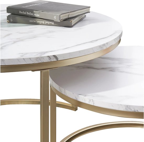 Liink1Ga Marmeren salontafel, wit, rond, marmer, tafel voor woonkamer, salontafel, rond, set van 2, bank, bijzettafel, banktafel, rond met champagnegoud frame (kunstmarmer