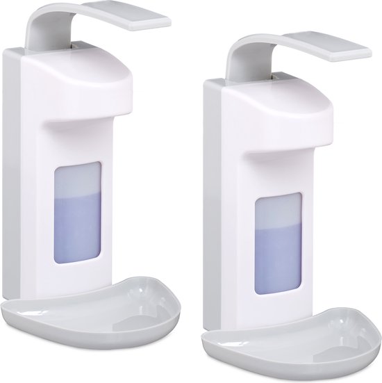 Set van twee witte zeepdispensers met een lichtblauwe vloeistof en een opvangbakje.