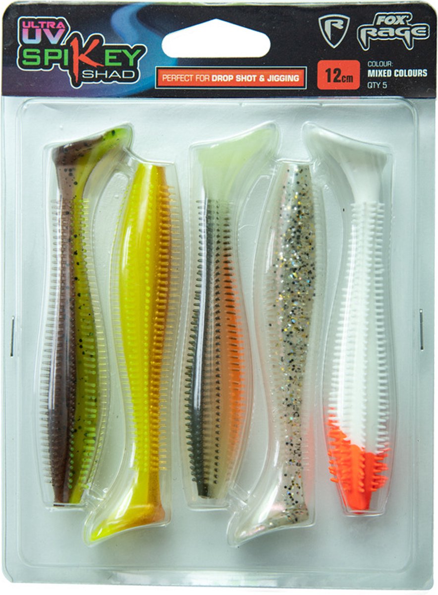 FOX RAGE SPIKEY SHAD 9CM MIXED UV COLOUR PACK 5 STUKS