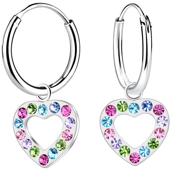 Joy|S - Zilveren hartje bedel oorbellen - oorringen - met gekleurde kristalletjes - kinderoorbellen