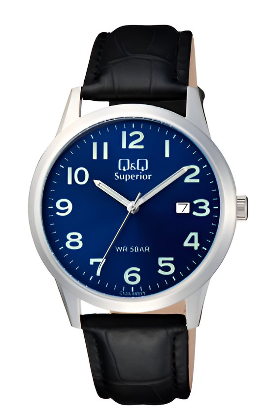 Q&Q C52A-005VY-Superior-Horloge-Dames-Zilverkleurig-Duidelijke wijzerplaat-Blauw- lederen band