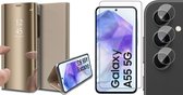 Hoesje geschikt voor Samsung Galaxy A55 - Screenprotector Glas & Camera - Spiegel Book Case Goud