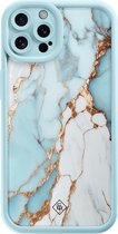 Casimoda® hoesje - Geschikt voor iPhone 12 Pro - Marmer Lichtblauw - Effen telefoonhoesje met lensbescherming - TPU - Backcover - Blauw