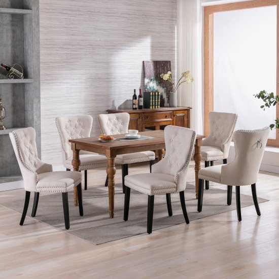 Linnen eetkamerstoel Slaapkamerstoel met eiken poten, knop, chromen klopper en spijkerkopafwerking Keukenstoel Woonkamer Lounge Vrijetijdsstoel (Beige, 6 stuks)