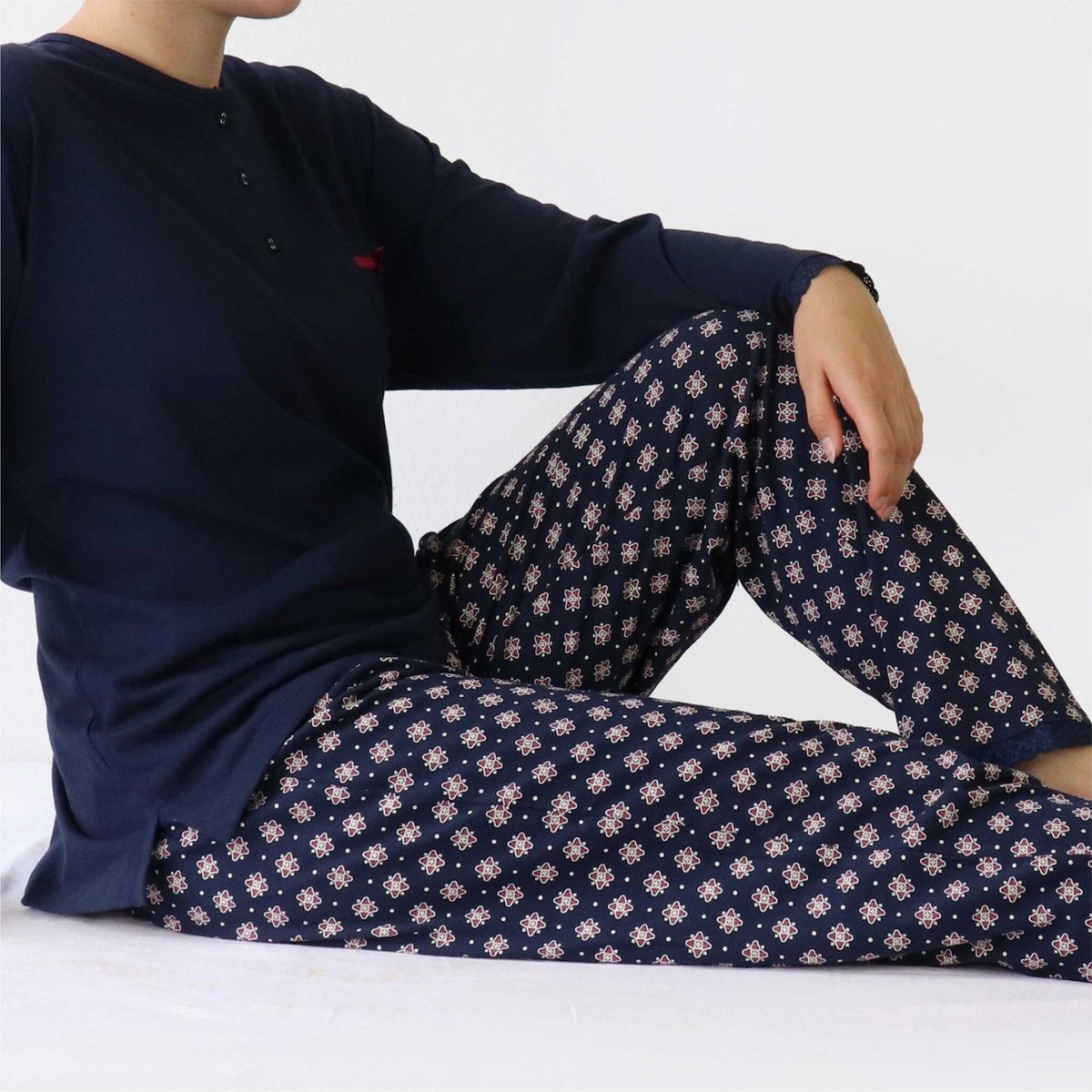 Medaillon Dames Pyjama - Katoen - Navy Blauw. - Maat S