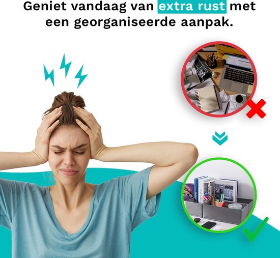 Femme se tenant la tête devant un bureau en désordre (gauche) et un bureau organisé avec des boîtes de rangement (droite).