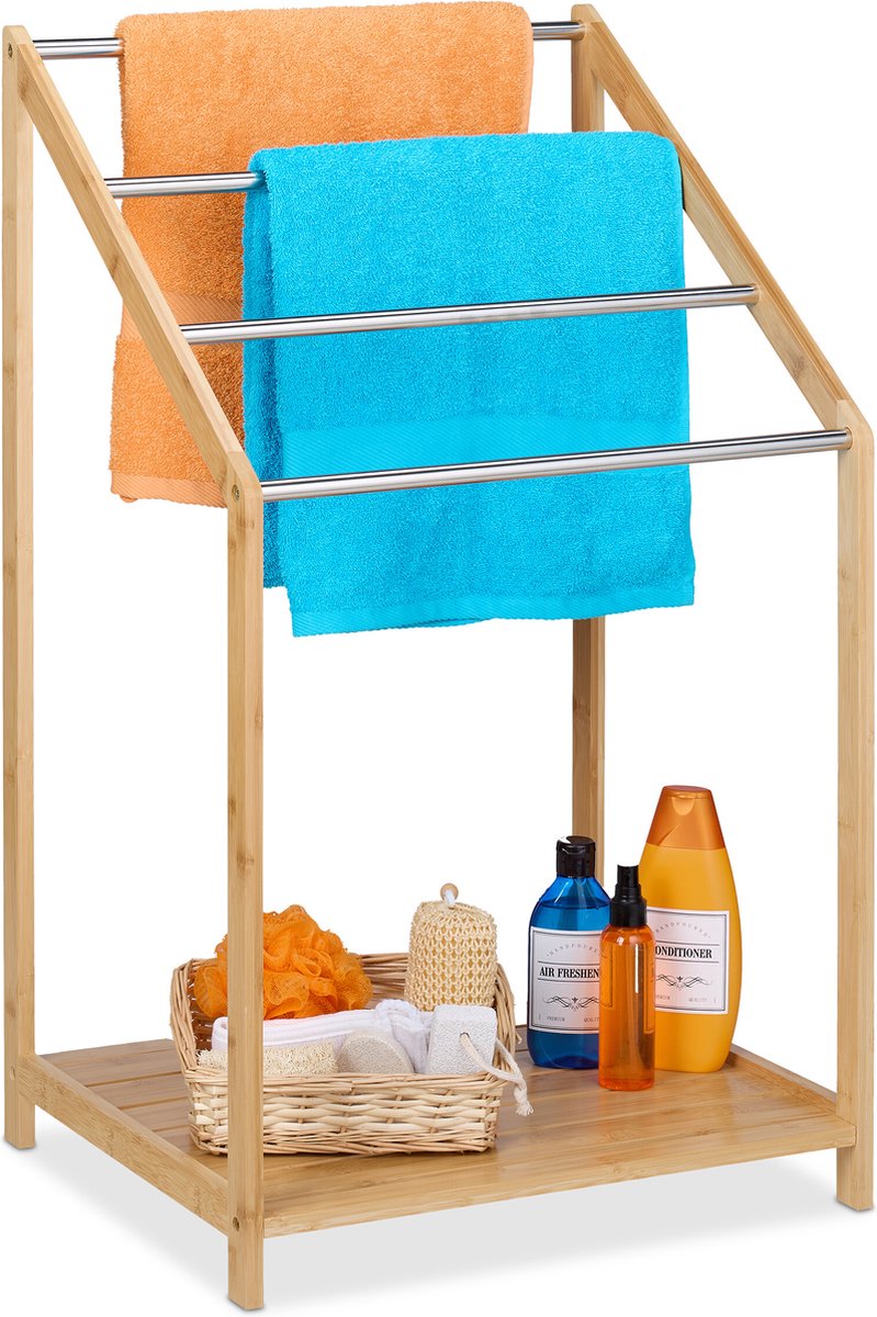 Relaxdays handdoekenrek met plank - bamboe - 4 stangen - handdoekhouder - badkamer