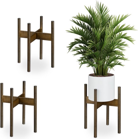 Relaxdays Plantenstandaard Bamboe Set Van 2 - Verstelbaar Voor Potten Tot 32 Cm, Natuurlijk