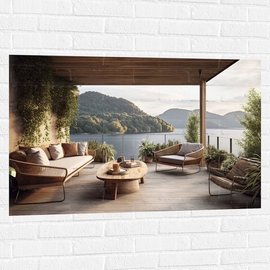 Muursticker - Huis - Tuin - Terras - Lounge - Planten - Hout - 105x70 cm Foto op Muursticker