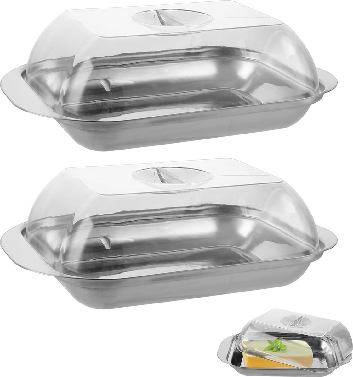 Set van 2 roestvrijstalen botervlootjes - kunststof botervloot met plastic deksel - botervloot voor keuken, koelkast, feesten, vaatwasmachinebestendig 17,3 x 11 x 2 cm