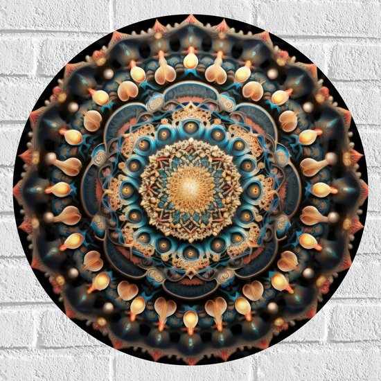 Gedetailleerde ronde mandala muursticker met gouden, blauwe en oranje tinten op een zwarte achtergrond.