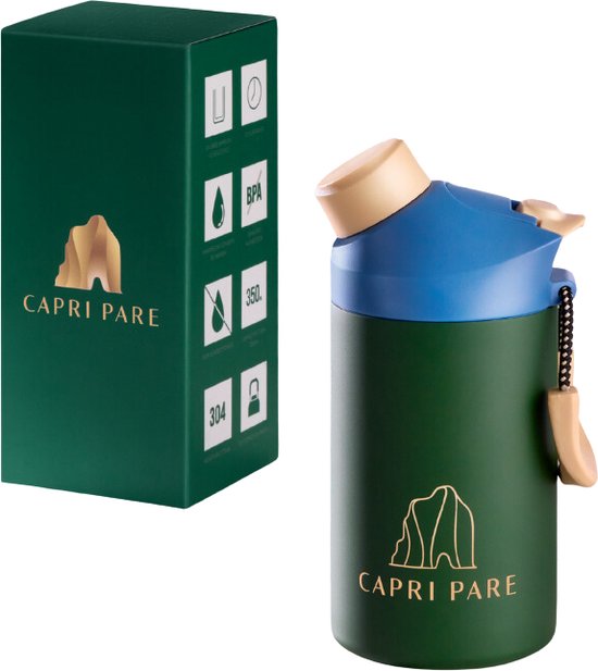 CAPRI PARE Waterfles - 350ml - RVS - Kinderfles - Groen/Blauw - Dubbelwandig - Lekvrij - Met magnetische dop - Waterfles met drinktuit + rietje – BPA-vrij – Waterfles voor kinderen - Insulated - Drinkflessen - Waterflessen - Geïsoleerd