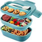 Lunchbox voor volwassenen, 1900 ml, bento box voor volwassenen en kinderen, broodtrommel met vakken, lekvrije lunchbox, drielaagse lunchbox voor werk, picknick, school, reizen (blauw)