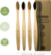 4 Duurzame Bamboe Tandenborstels - Familie Pakket - Uniek borstel design - 100% Eco-vriendelijk - Vier Verschillende Kleuren