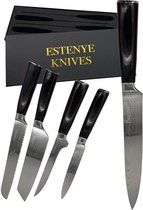 Bol.com Estenye Knives - 5-delige Professionele Messenset - Japanse Damascus Print - Koksmes - Pakka handvat – RVS - Keukenmessen aanbieding