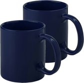 Bellatio Design Koffie mokken/bekers - 2x - keramiek - glans - met oor - donkerblauw - 370 ml