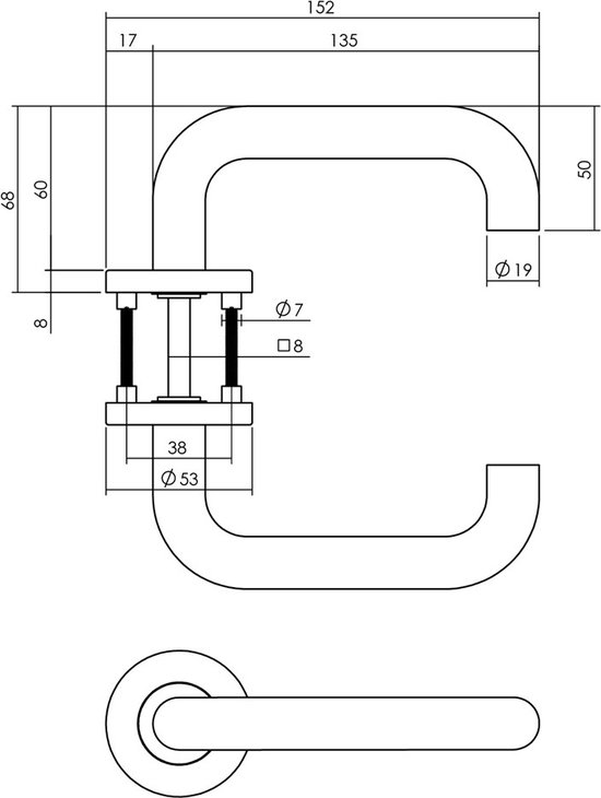 Technische tekening van een geborsteld roestvrijstalen deurkruk met afmetingen.