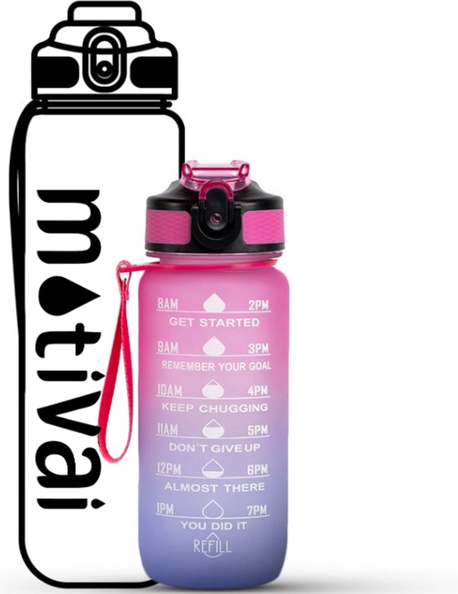 Motivatie Waterfles - Roze/Paars - 600ML Drinkfles - Waterfles met Rietje - Waterfles met tijdmarkering - BPA Vrij - Volwassenen - Kinderen