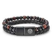 Lucleon - Icon - Dubbele armband voor heren van zwart leer, rood tijgeroog en onyx