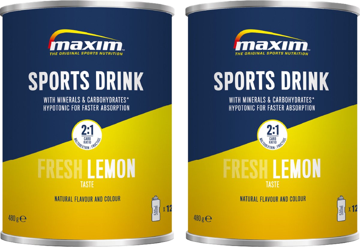 Goedkoopste Maxim Sports Drink Lemon - 2 x 480g - Hypotoon sportdrank poeder - extra electrolytes - Sportdrank met citroensmaak