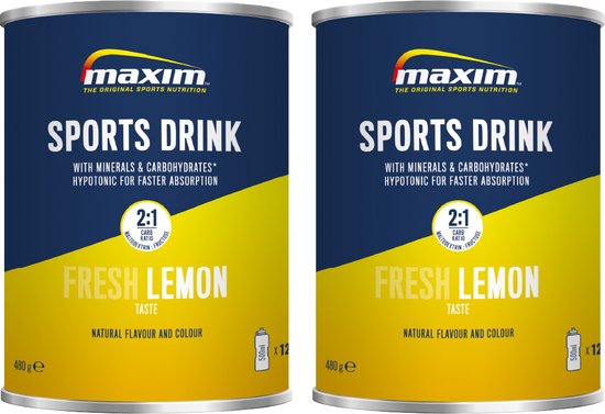 Maxim Sports Drink Fresh Lemon - 2 x 480g - Hypotone sportdrank met optimale koolhydraatverhouding en extra elektrolyten - Ideale sportdrank en dorstlesser voor, tijdens en na het sporten - Natuurlijke citroensmaak - Makkelijk oplosbaar