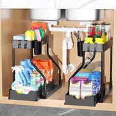 2-laags gootsteenorganizer, kast uitschuifbaar onder gootsteenplank, multifunctioneel opbergrek met haken voor keuken, gootsteen, badkamer, kast (zwart)