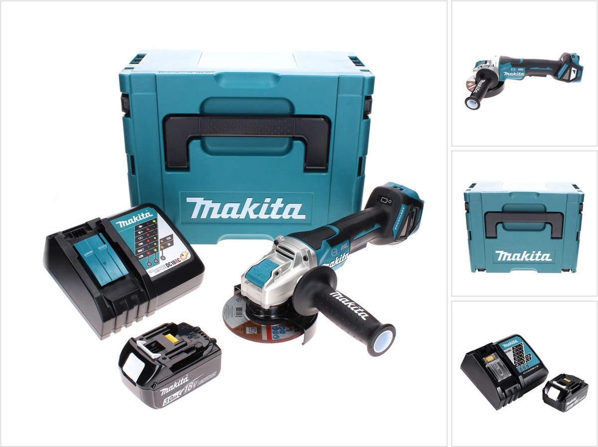 Makita DGA 519 RF1J Snoerloze haakse slijper 18 V 125 mm Brushless X-Lock + 1x oplaadbare accu 3.0 Ah + lader + Makpac