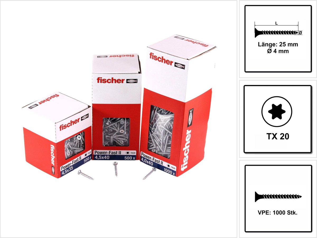 Fischer 1.000x Power-Fast II FPF II CTF 4 x 25 mm BC Verzonken kop met binnenster TX20 Volledige schroefdraad galvanisch verzinkt blauw gepassiveerd - 670624