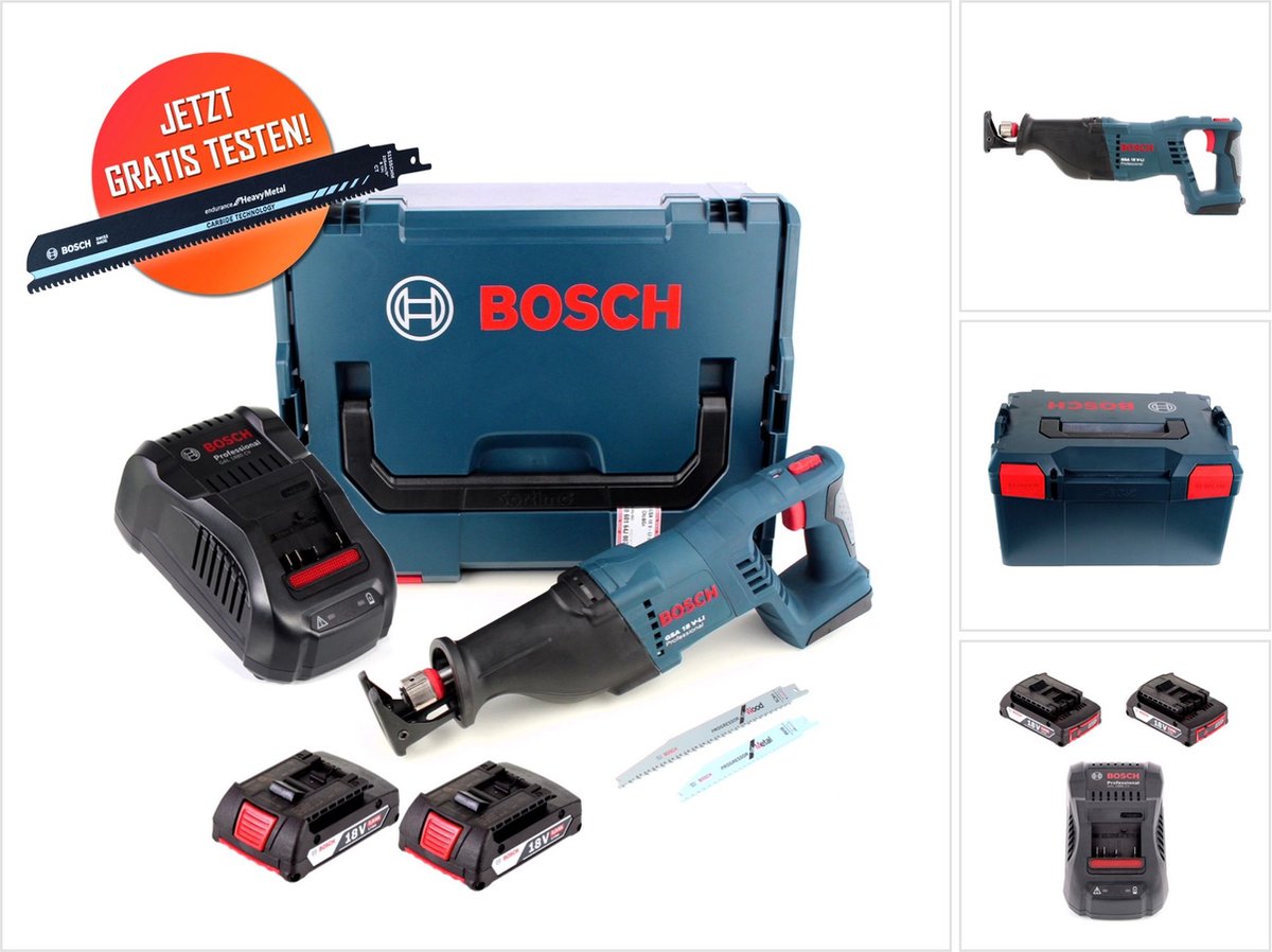 Gratis Bosch hardmetalen reciprozaagblad Bosch GSA 18 V-LI accu reciprozaag 18 V + 2x accu 2.0 Ah + lader + L-Boxx