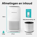 Afmetingen van de Rolfstone luchtreiniger: 52cm hoog, 27cm breed, 6,5kg zwaar. Inclusief 1 luchfilter en gebruiksaanwijzing.