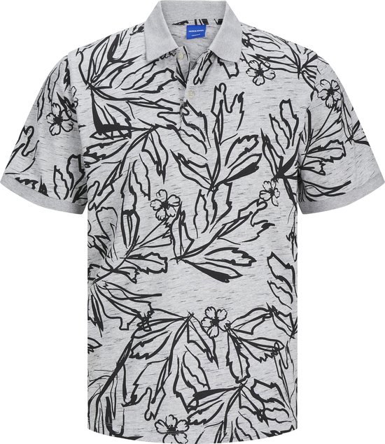 Grijs melange poloshirt met zwarte bladerenprint en grijze kraag.