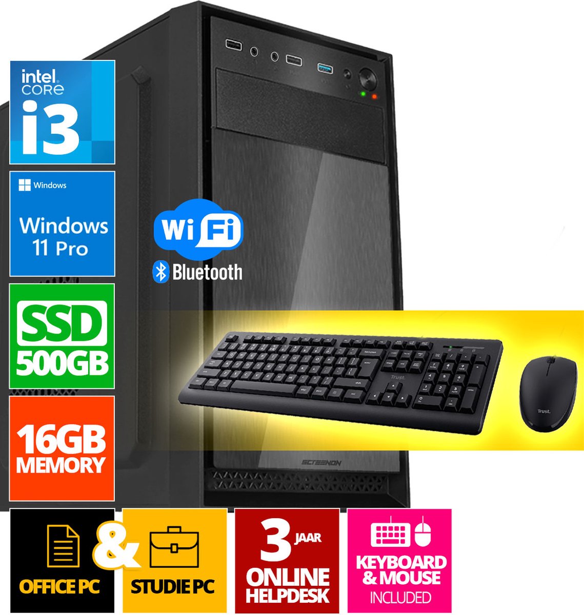 Intel Compleet PC SET | Intel Core i3 | 16 GB DDR4 | 500 GB SSD - NVMe + Muis & Toetsenbord | Windows 11 Pro + WiFi & Bluetooth