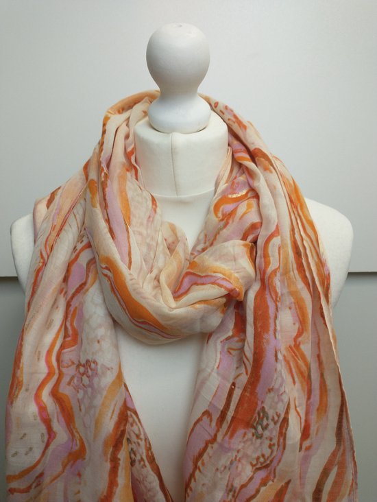 Lange dames sjaal Tineke fantasiemotief oranje wit roze abrikoos rood bruin goud